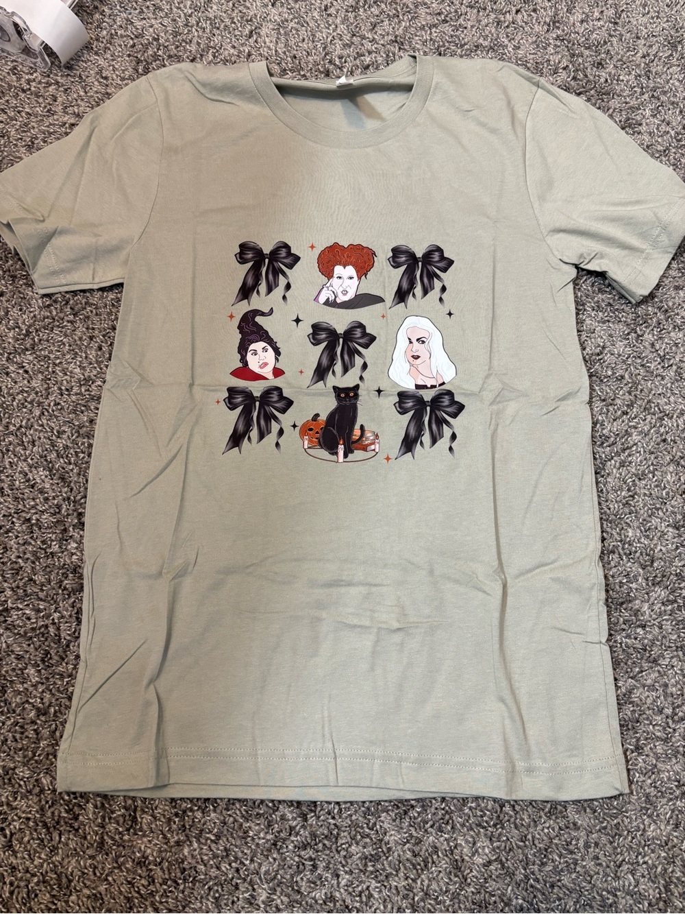 Girls' Sage Green Graphic Halloween Tee with Witches and Black Cat